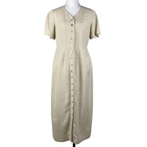 Orvis Linen Midi Dress Womens 6P Beige Shell Button Front‎ Short Sleeve Vintage